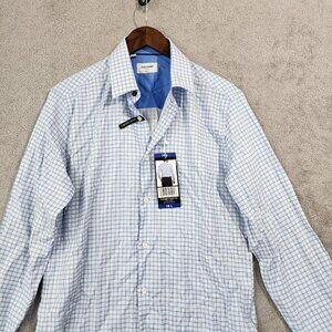 NEW Duchamp London Mens 16L Slim Fit Light Blue Check Dress Shirt Cotton Stretch
